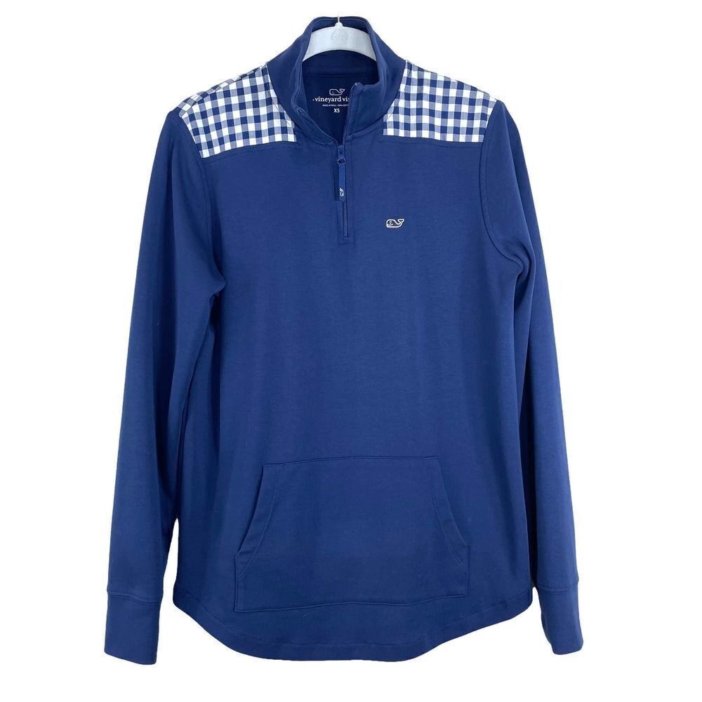 Vineyard Vines 100% cotton quarter zip plaid shoulder Sweater Sz XS whale logo